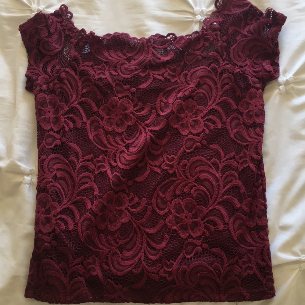 Off the shoulder maroon lace top.